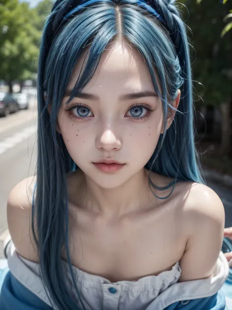 Hot girl、pfotorealistic, Highresolution, 1 woman, blue-haired, Korean, Heterochromia eyes, Small moles under the eyes,outdoor, idol outfit