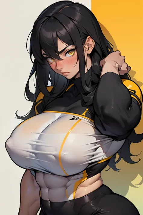 ((((girl muscular thick)))) pale skin black hair yellow eyes huge breasts toned body embarrassed blush long hair tight shirt super detailed high details high quality best quality drop shadow