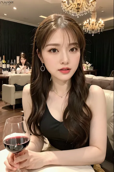 wine glass、married woman、chandelier、dim lighting、random hairstyle(half up、ponytail),、flashy makeup,drunk,liquor,flashy shop,luxu...