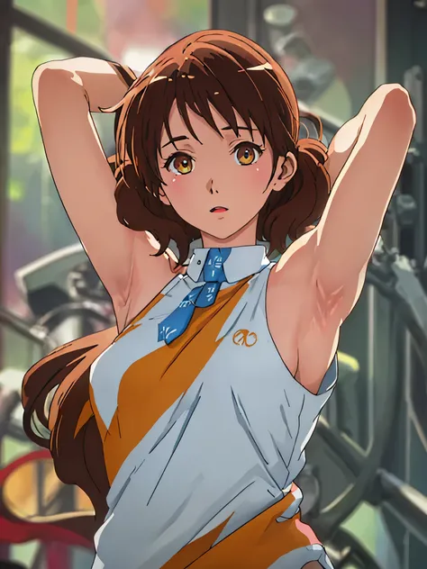 Armpit Show,highest quality, masterpiece, High resolution,No sleeve,Looking at the audience,