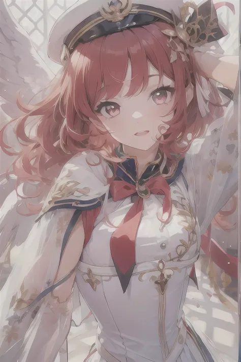 1 girl, Redhead, Facial hair, Red eyes, highest quality, Very detailed, The most delicate and beautiful, High resolution, (highest quality,4K,8k,masterpiece:1.2)、Sexy pose、Sailor suit、Angel、wing