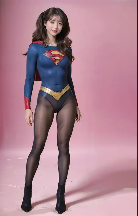 No background、(((Beautiful legs in black tights.)))、(((Legally express the beauty of your smile)))、((((Make the most of your original images)))、(((体にぴったりフィットするSupergirl Costume)))、(((Supergirl Costume)))、(((Beautiful twin tail hairstyle)))、(((She is winkin...