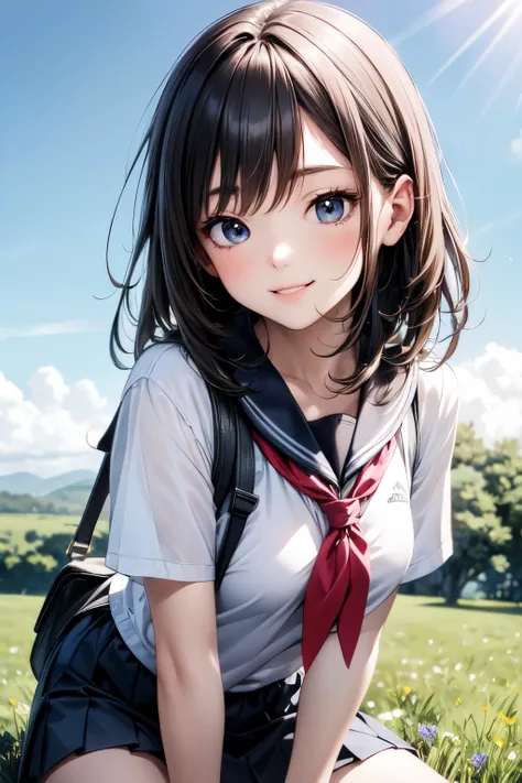 very cute and beautiful girl,(highly detailed beautiful face and eyes:1.2),(smile:1.25),happy,looking at viewer,
black hair,serafuku,short sleeve,(pleated navyblue mini skirt),standing,holding school bag,
countryside,hilltop,grassland,tiny flower field,dis...