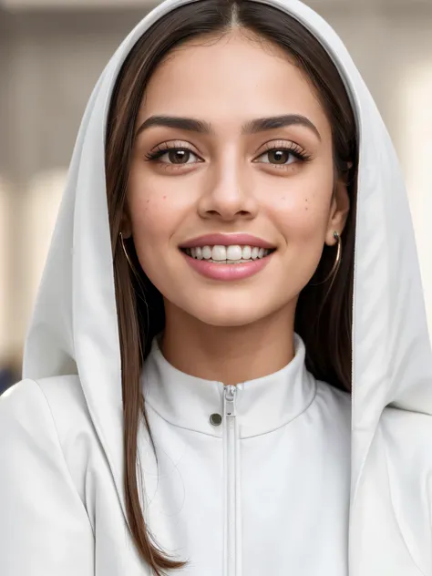 (8k, highest quality, ultra high resolution, photorealistic:1.4, UHD, ultra detailed:1.37, mid-range image),1girl, in a dentist clinic, white teethes, small nose, big eyes, 18yo, black jacket, light brown eyes, small head, acne,bad skin,small nose, acne sk...