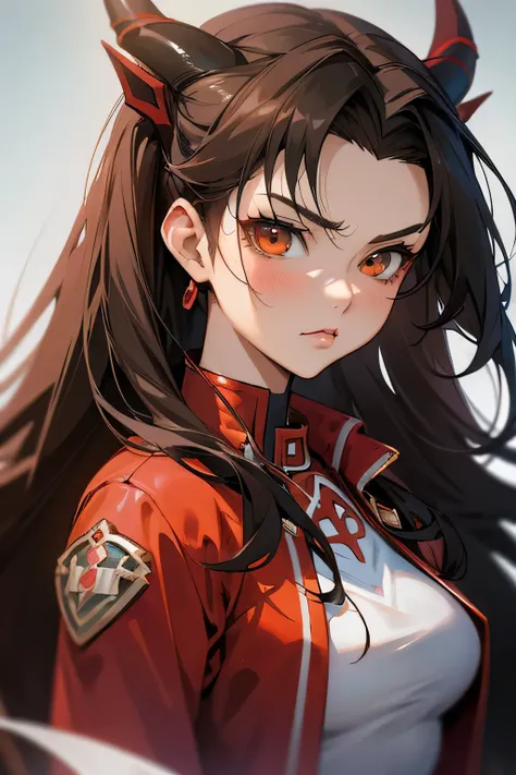 anime girl with horns and a red jacket, extremely detailed artgerm, artgerm. high detail, artgerm detailed, ig model | artgerm, detailed digital anime art, realistic anime artstyle, artgerm portrait, rin tohsaka, style artgerm, artgerm. anime illustration,...