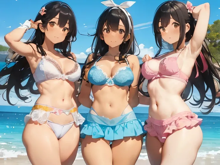 Four big-breasted sisters with different age differences wearing cute underwear and cute bras、Cute white bra with ribbon、White and light blue checkered bra、Cute orange bra、White underwear with cute ribbon、White and light blue underwear、Cute orange underwea...