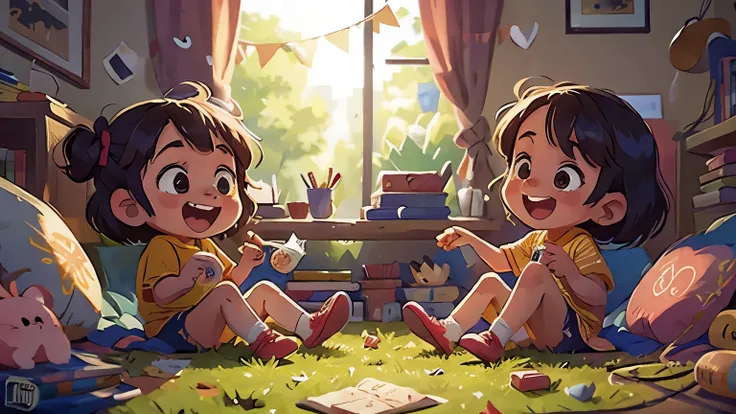 Two children, best friends, playing and laughing together, 8K, high detailed, Disney Pixar style, joyful and vibrant atmosphere