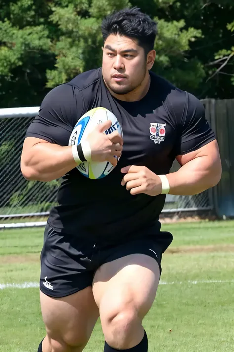 A large Japanese man wearing a tight black T-shirt、whole body、Rugby last week、Thick legs、Thick arm muscles、Intimidating、whole body、cute、Awesome muscles