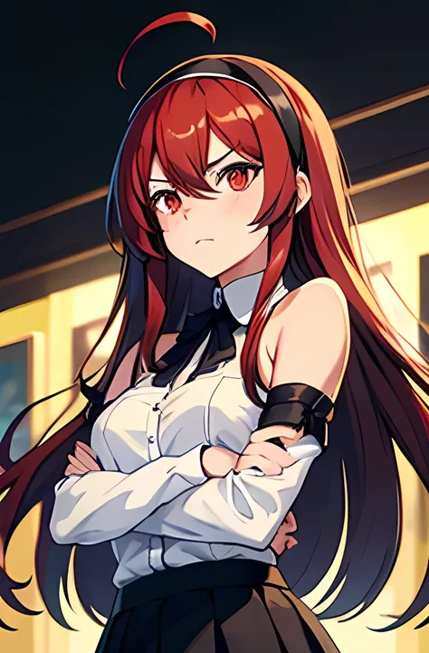 eris greyrat, 1girl, solo, long hair, ahoge, red eyes, red hair, bare shoulders,hairband, crossed arms,blush, skirt, black hairband, breasts, detached sleeves,bangs, hair between eyes, long sleeves, hair flaps, closed mouth, black skirt, brown skirt, shirt...