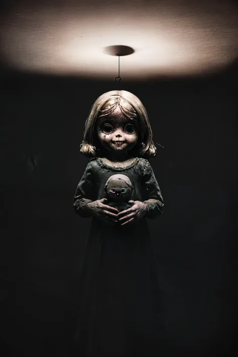 a mysterious and slightly creepy illustration of a dark, abandoned room with a  holding a doll with a creepy smile on her face. Cannot see her face clearly, the room is dark with little light, creepy environment, mystery surrounding