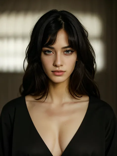 Best quality, masterpiece, ultra high res, (photorealistic:1.5), raw photo, 1 mature girl, nude, in the dark, deep shadow, low key, cold light, sexy look, long black wavy hair with bangs (((black hair))), golden eyes, sharp eyes, eyeshadow, plain white bac...