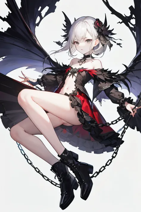  ((best quality)), ((masterpiece)), (detailed), 1girl, off-shoulder, Character design, female, dynamic poses, long white grey hair, grey white eyes, very skinny, detailed, best quality, no accesoires around the neck, no shoes, prominent collarbones, skinny...