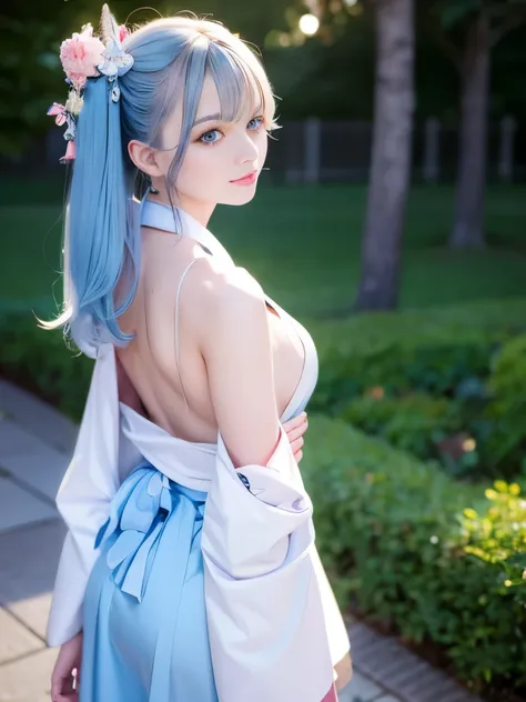 Japanese , Hyperrealistic:1.5, Wear a sexy outfit, Short kimono, Ultra high definition,Ultra-high resolution,, Bare arms, Bare back, Bare shoulders, walk, Super detailed, Long Hair, Light blue hair, Detailed face,A captivating smile, View the viewer, blue ...