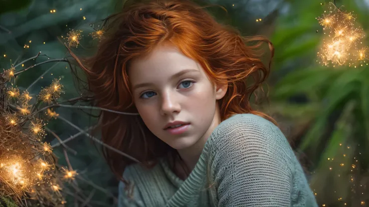 (laia manzanares teen, ginger hair, 13 years old with spread legs:1.5), (long, messy hair:1.3), blue eyes,  (fireflies:1.4) deta...