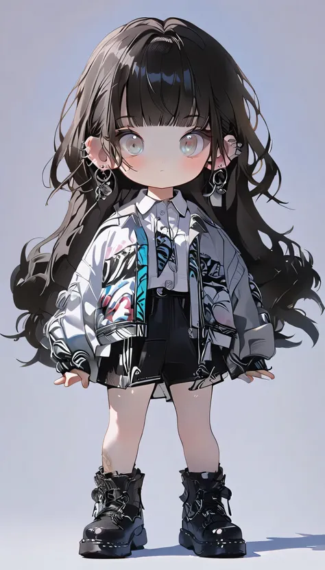 1girl, long hair, looking at viewer, bangs, shirt, black hair, jewelry, closed mouth, jacket, full body, earrings, collared shirt, blunt bangs, grey background, grey eyes, gradient background, ear piercing