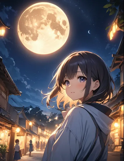 (masterpiece:1.2),(anime),Big moon in the background、Night Sky、Girl watching the moon、cute、The girl is illuminated by the moonlight、Fantastic works、Light effects