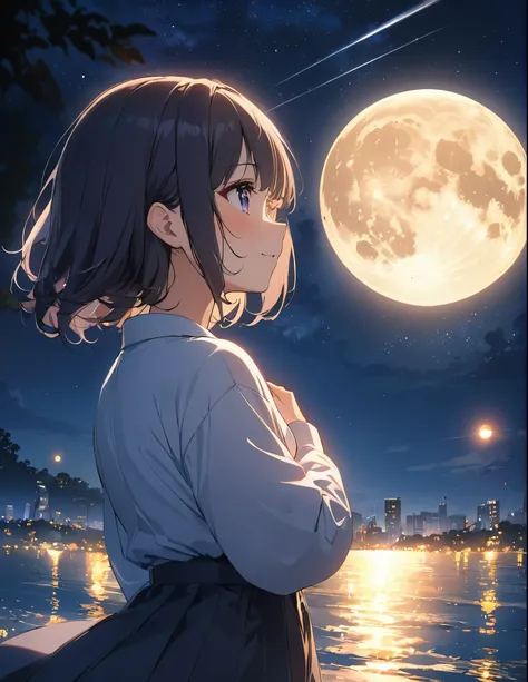 (masterpiece:1.2),(anime),big moon in the background、night sky、girl watching the moon、cute、the girl is illuminated by the moonli...