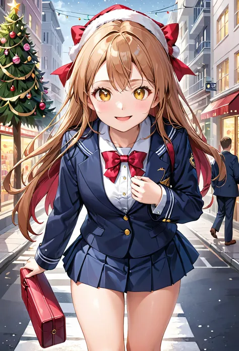 Christmas, street tree, open eyes, smile, Small open mouth, Light brown hair, Red hair ribbon, Yellow Eyes, Thin eyebrows, ８Head to Body, Thick thighs, White shirt,　Red bow tie, uniform, Sailor suit, Navy Blue Blazer, 17-year-old girl, One Girl, White sock...