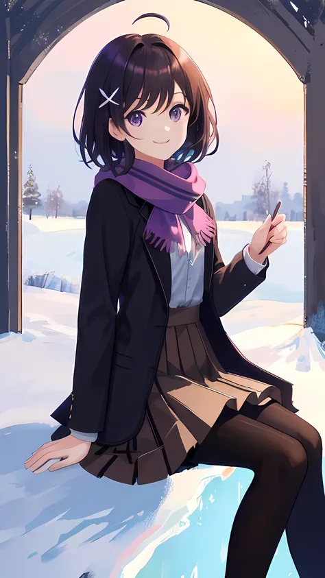 surreal, an anime girl, short brown hair, purple eyes, (detailed description: 1.2), red bowtie, high black tights, brown coat, white scarf, short skirt, black tights, winter background, snow, masterpiece, 4k, smile