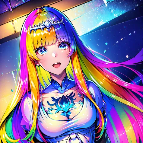 （In 8K, best quality, muste piece:1.2)、ultra high resolution,1 female,  25years old、ultra-detailed face,detailed eyes,open mouth,laughing,((Rainbow Hair)),,BREAK,(iridescent light:1.4),botanical garden,  Calca, Calca Bessarez, extremely long hair, (very lo...