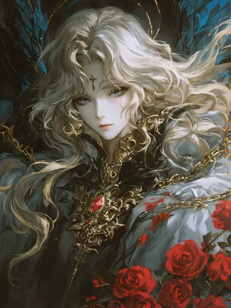 Anime style drawings，The painting shows a woman with long hair，A chain is worn around his neck, Devil&#39;s pupils，Bright eyes，Yoshitaka Amano Carol Barker, Detailed digital animation art, Boris Vallejo. Traveler of all directions, Bastian Amano Yoshitaka,...