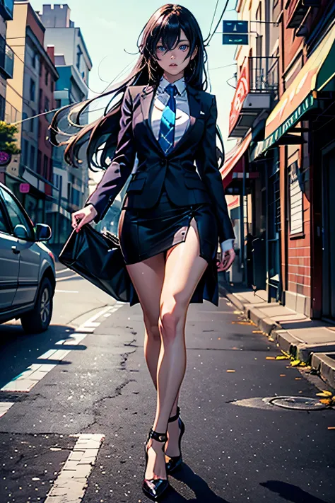 Anime girl with long hair and blue eyes standing on a city street, ArtStation Pixivでトレンド, Purple eyes, Blue tie, beautiful (Fine grain, Detailed face,) Ahegao, Euradev, Noble Temperament, High heels, No watermark