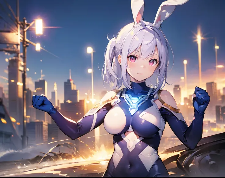 (Close-up:1.3),Realistic,highest quality, Ultra Detail, High-quality CG rendering, The most delicate and beautiful, Floating softly, High resolution, (1 giant girl), (Highest quality,4K,8K,masterpiece:1.2) ,Light purple hair,Rabbit,(Bunny ears:1.5),ponytai...