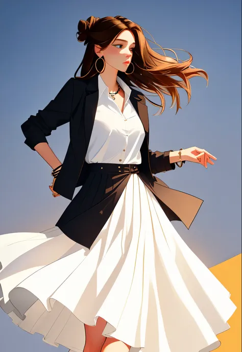 The environment is mysterious and elegant, Model, High contrast required, Jewelry, earrings, miniskirt, shirt, Jacket, brown hair, 白shirt, A bracelet, Hair Bun, single Hair Bun, long skirt, Shut up, Hoop Earrings, blue Jacket, roll up sleeves, Revealing cl...