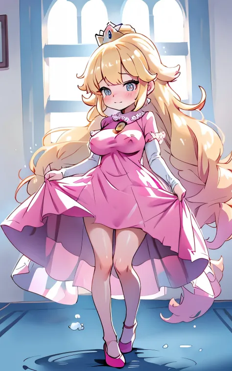 princess peach ((( super mario ))), wearing her transparent dress, leaving her whole body on display, very sexy, very perverted wearing a beautiful hot pink dress, nude, naked, large breasts, awe BREAK pink hair) sharp focus, full body portrait, full body ...