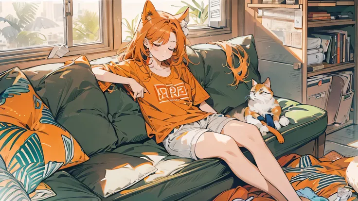 high resolution、One Girl、Center of screen、Lying on the sofa、Sleeping with your eyes closed、holding a calico cat、Inside a Nordic-style room、T-shirt and hot pants、Vibrant colors、Vivid Color、Warm shades、Orange long hair、