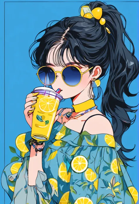 1girl,solo,jewelry,black_hair,earrings,lemon,long_hair,lemon_slice,drinking_straw,cup,food,off_shoulder,holding,fruit,choker,looking_at_viewer,sunglasses,food-themed_earrings,ice_cube,upper_body,ice,mole,bracelet,nail_polish,shirt,blue_nails,holding_cup,ba...