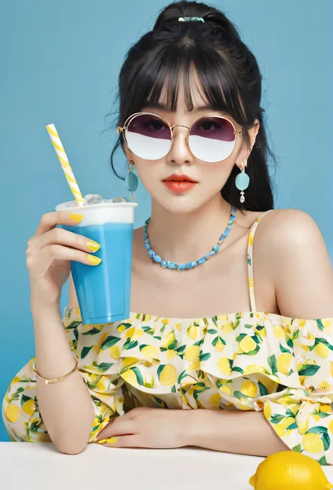 1girl,solo,jewelry,black_hair,earrings,lemon,long_hair,lemon_slice,drinking_straw,cup,food,off_shoulder,holding,fruit,choker,looking_at_viewer,sunglasses,food-themed_earrings,ice_cube,upper_body,ice,mole,bracelet,nail_polish,shirt,blue_nails,holding_cup,ba...