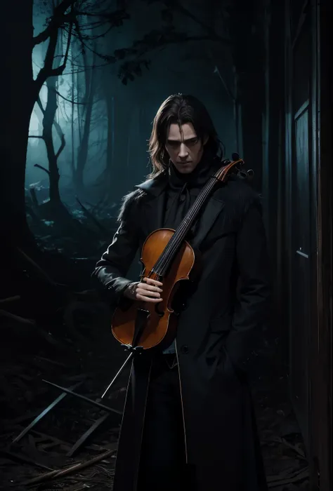 homem violista de terno cercado por arvores macabras em um dark scenery, violinista com um olhar macabro, paganini, dark scenery, estilo horror, pesadelo, cena macabra, filme de terror, personagem com medo, floresta retorcida e sobrenatural, personagem suj...