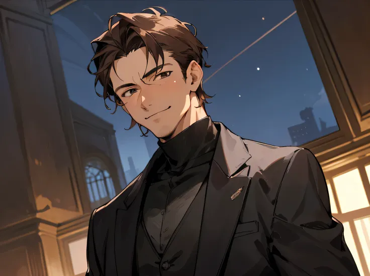 masterpiece,Dynamic Angle,Face close-up, 40 years old,Male 1,Adal,Brown Hair,all back,Kakiage,Black Suit,Black turtleneck,No ribbon,smile,An inappropriate smile,Background mansion room,night,