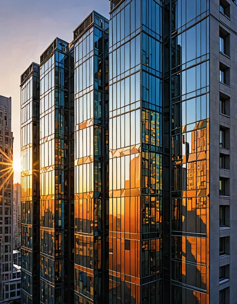 As a renowned genius of contemporary art, I、Ultra-realistic illustrations、 "reflection" In the sun setting scene. Imagine a city skyline with towering skyscrapers., The glass façade acts as a mirror reflecting the setting sun.. The warm colors of dusk enve...