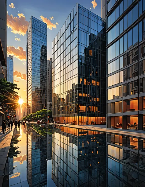 As a renowned genius of contemporary art, I、Ultra-realistic illustrations、 "reflection" In the sun setting scene. Imagine a city skyline with towering skyscrapers., The glass façade acts as a mirror reflecting the setting sun.. The warm colors of dusk enve...