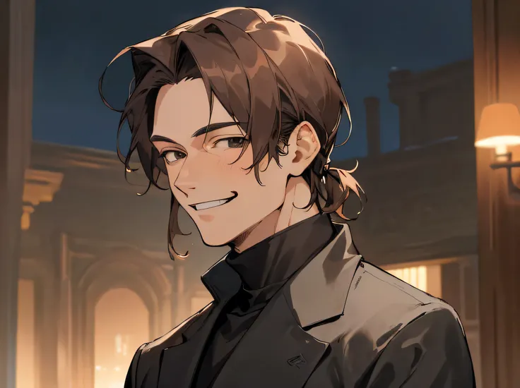 masterpiece,Face close-up, 40 years old,Male 1,Adal,Brown Hair,all back,Kakiage,Black Suit,Black turtleneck,No ribbon,Horny,smile,An inappropriate smile,Background mansion room,night,