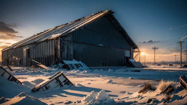 Dramatic lighting, chiaroscuro, post-apocalyptic, disused airfield, corrugated hangar in foreground, broken electricity pylons, cratered runway in the distance, rubble, deep snow, blue sky, sunny day