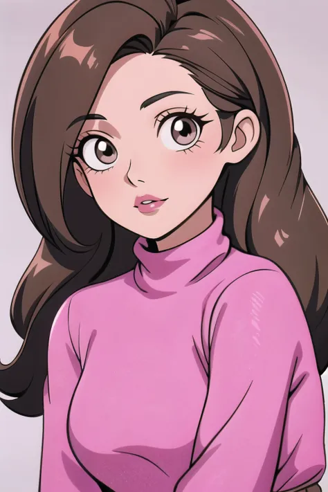 Girl, long light brown hair, dark gray eyes, sharp features, white skin, bright pink lips, beautiful, bright colored sweater