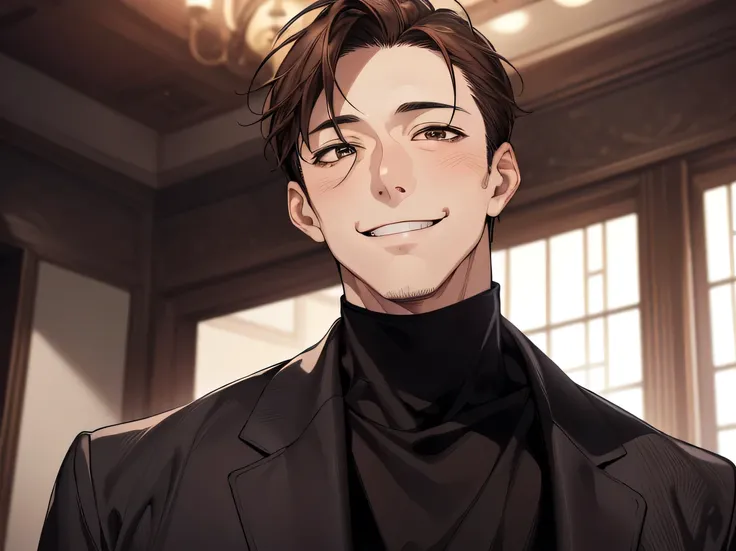 masterpiece,Face close-up,Angle from below,male, ((45 years old)),(male1 person)、A slightly aged face,alone,Adult,A gentle smile,Brown Hair,mash,(Droopy eyes),Lewd Eyes,Black Suit,Black turtleneck,,smile,Rooms in the mansion,night