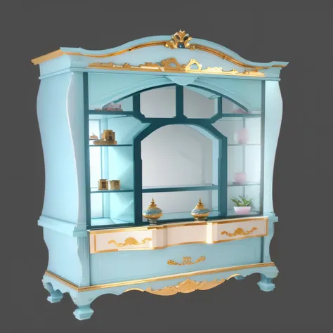 There is a pink display cabinet，There is a mirror and golden decoration inside, 风格化为 3D Rendering, Rendering, super 详细Rendering, Rendering in arnold, fully 详细Rendering, Rendering in maya, 高細節Rendering, 详细Rendering, highly 详细Rendering, 详细复杂的Rendering, 3 d R...