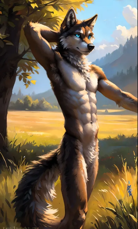 ((Solo)), male people, anthro wolf, (Multi-colored fur, White-brown:1.3，White tail pointed), (Height 2.1m,Tail length 1.5m), ((Wolf face, Big eyes, White eyelids, Blue pupil, Slim:1.2) (Tough, Calm expression:1.2)), Abs, Slim, pinging)), (Correct anatomy),...