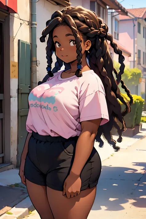 a cute teenage afro girl, chocolate skin, 12 years old girl with a afrobraids long hair, dark brown eyes , dressing a pastel pink shirt and a white short, a chubby girl, a chubby body,
