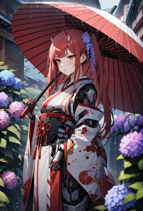 High quality, high definition, hig
h precision images,8k 1 girl、red hair,Twin tails,Red eyes.(robot style red and white barrette)、cyborg style gorgeous red and white Japanese kimono,Many hydrangeas in the background, Holding a cyborg-style Japanese umbrell...