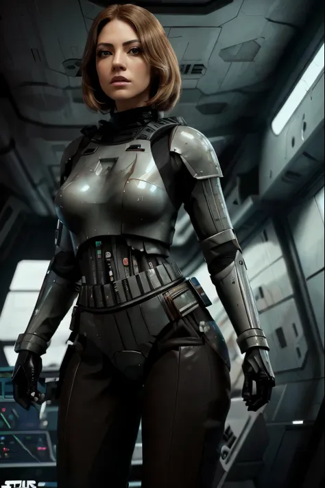 there a beautiful thick blonde woman in a sexy stormtrooper black armor from star wars, imagen cuerpo completo, piernas largas, ...