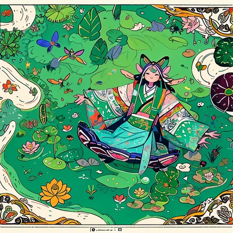 The poster is mainly based on rural green， There is a lotus pond， Someone is picking lotus pods in the lotus pond， There are dragonflies flying on the top of the lotus， Beside the lotus pond stands a stone with the Chinese characters &quot;Futian&quot; eng...