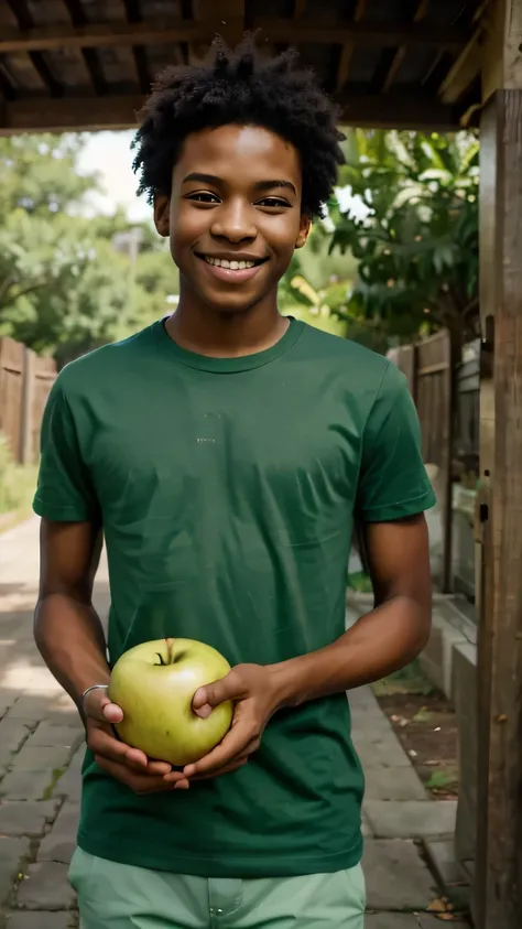 EPIC HD PHOTO, black adolescent boy happy, wearing a light green tshirt, his two hands in front of hind hold an apple, view full chest and arms and head