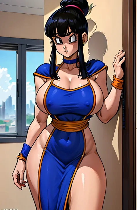 mejor calidad,4k,high resolution,obra maestra:1.2), (ultra detallado), (sin ropa) (NSFW not safe for work art) , full body visto desde abajo ((cabello verde corto)). (( anime chichi dragon ball z)) (( vestido rojo)) mujer 30 years old, ((cabello azul corto...