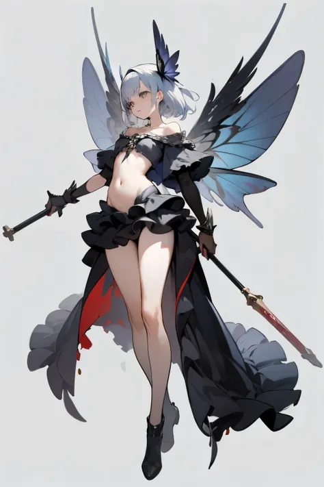  ((best quality)), ((masterpiece)), (detailed), 1girl, off-shoulder, Character design, female, dynamic poses, long white grey hair, grey white eyes, very skinny, detailed, best quality, no accesoires around the neck, no shoes, prominent collarbones, skinny...