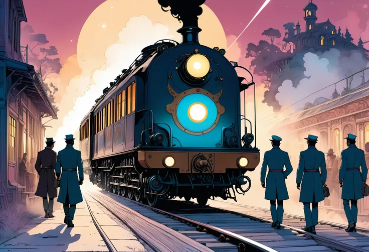 steampunk locomotive running through the galaxy, (two italian boys board the galaxy express and travel through space meeting var...